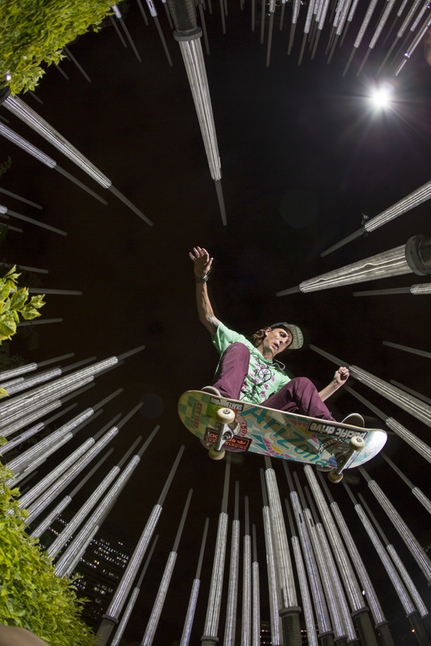 JZ at the plaza de las luzes in Medellin Colombia doing an ollie over Martin.